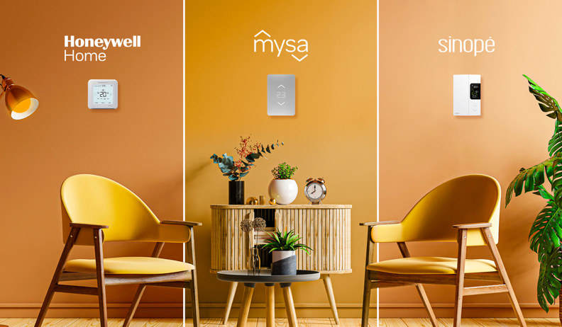 Three smart thermostats (Honeywell, Mysa, and Sinopé) are displayed on orange walls with chairs and decorative elements.